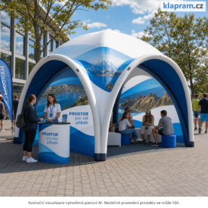 Nafukovací reklamní stan 5 × 5 m s potiskem – Lifestyle – AI vizualizace