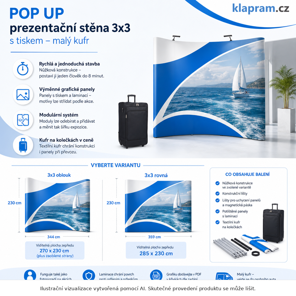 POP UP prezentační stěna 3x3 s tiskem – malý kufr