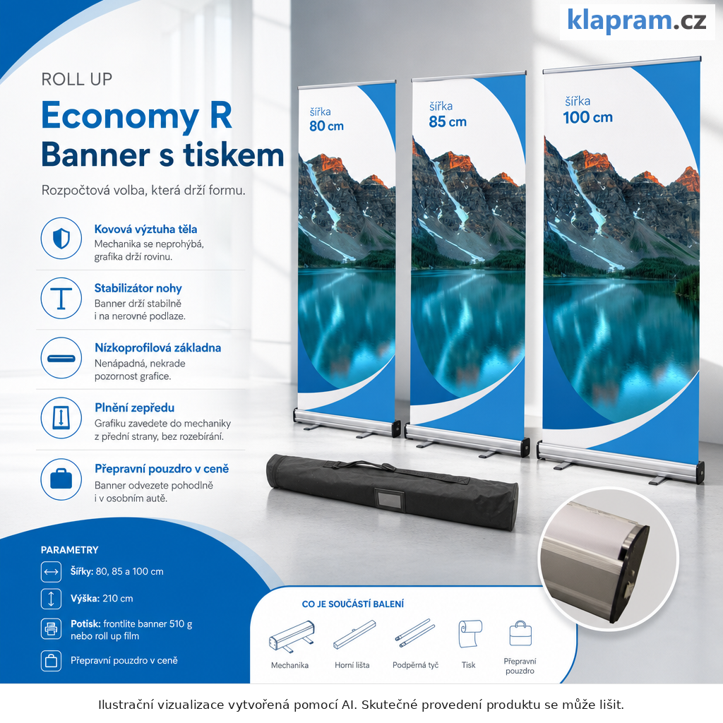 Roll up Economy R Banner s tiskem – Varianty / výhody – AI vizualizace