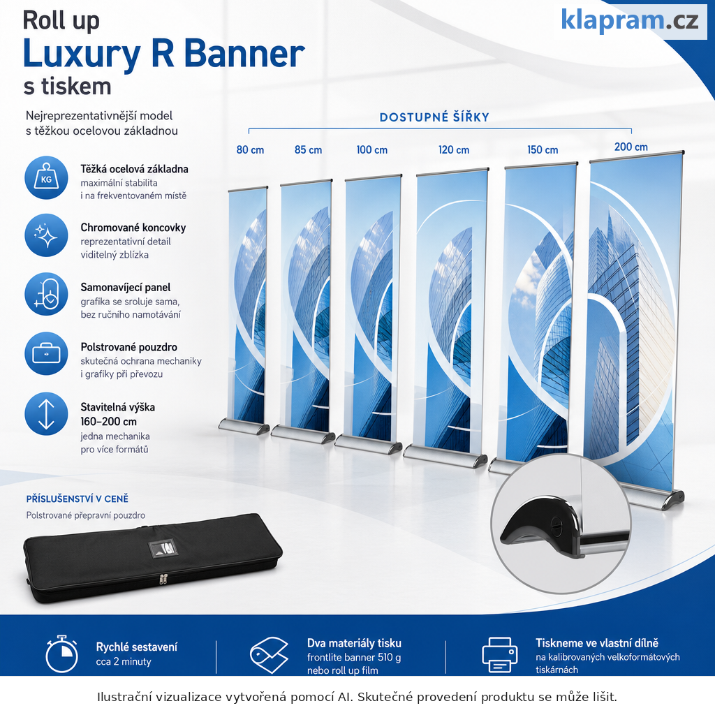 Roll up Luxury R Banner s tiskem – Varianty / výhody – AI vizualizace