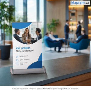 Stolní roll up Desktop R Banner A4 a A3 s tiskem – Lifestyle – AI vizualizace