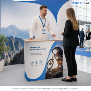 Textilní pop up pult s potiskem – Lifestyle – AI vizualizace