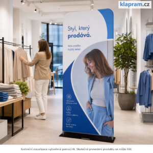 Úzká textilní stěna Retail s potiskem – 60 až 150 cm – Lifestyle – AI vizualizace