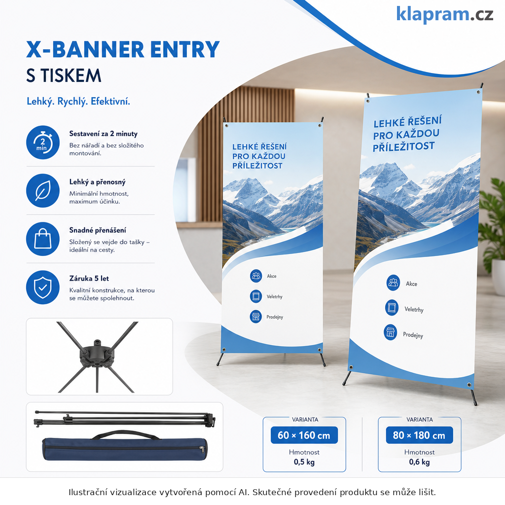 X-banner Entry s tiskem – 60 × 160 a 80 × 180 cm – Varianty / výhody – AI vizualizace