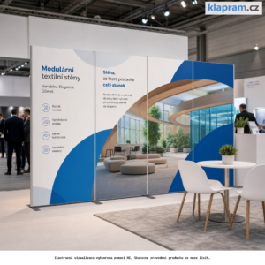 Modulární textilní stěna MEGA SEG s potiskem – 100, 120 a 150 cm – Lifestyle – AI vizualizace